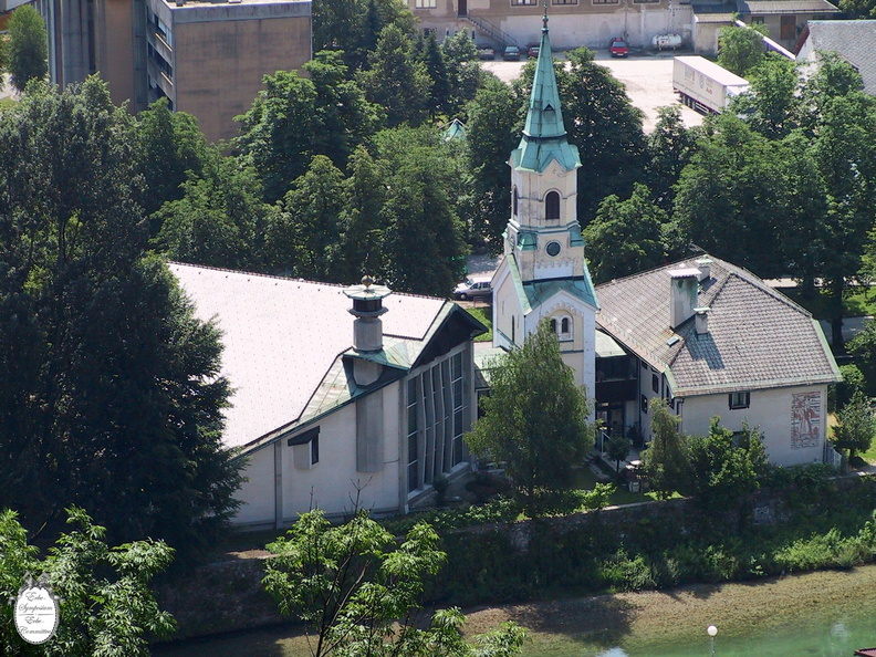 Idrija town river church close up from St Anthonies note water clarity.JPG